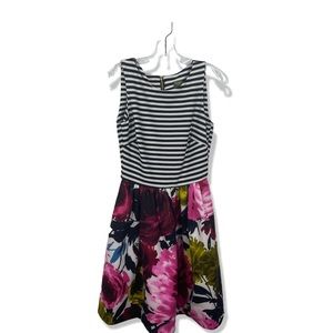 Taylor Fit & Flare Dress Black White Striped Floral Pockets Zip Closure Women 4